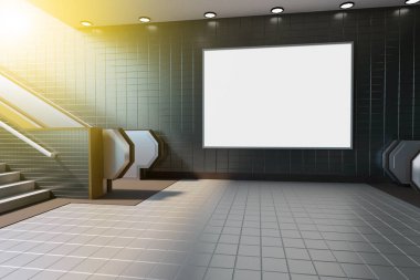 Poster metro istasyonu yürüyen merdiven içinde medya şablon reklamları görüntülemek kadar alay et. 3D render