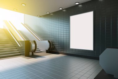 Poster metro istasyonu yürüyen merdiven içinde medya şablon reklamları görüntülemek kadar alay et. 3D render