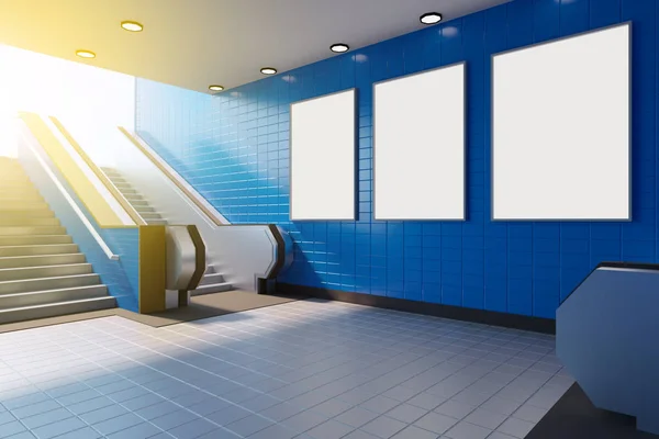 Mock up poster media template ads display in Subway station escalator. 3d rendering — Stock Photo, Image