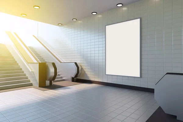 Mintája fel poszter média sablon hirdetéseket megjeleníteni Subway station mozgólépcső. 3D-leképezés — Stock Fotó