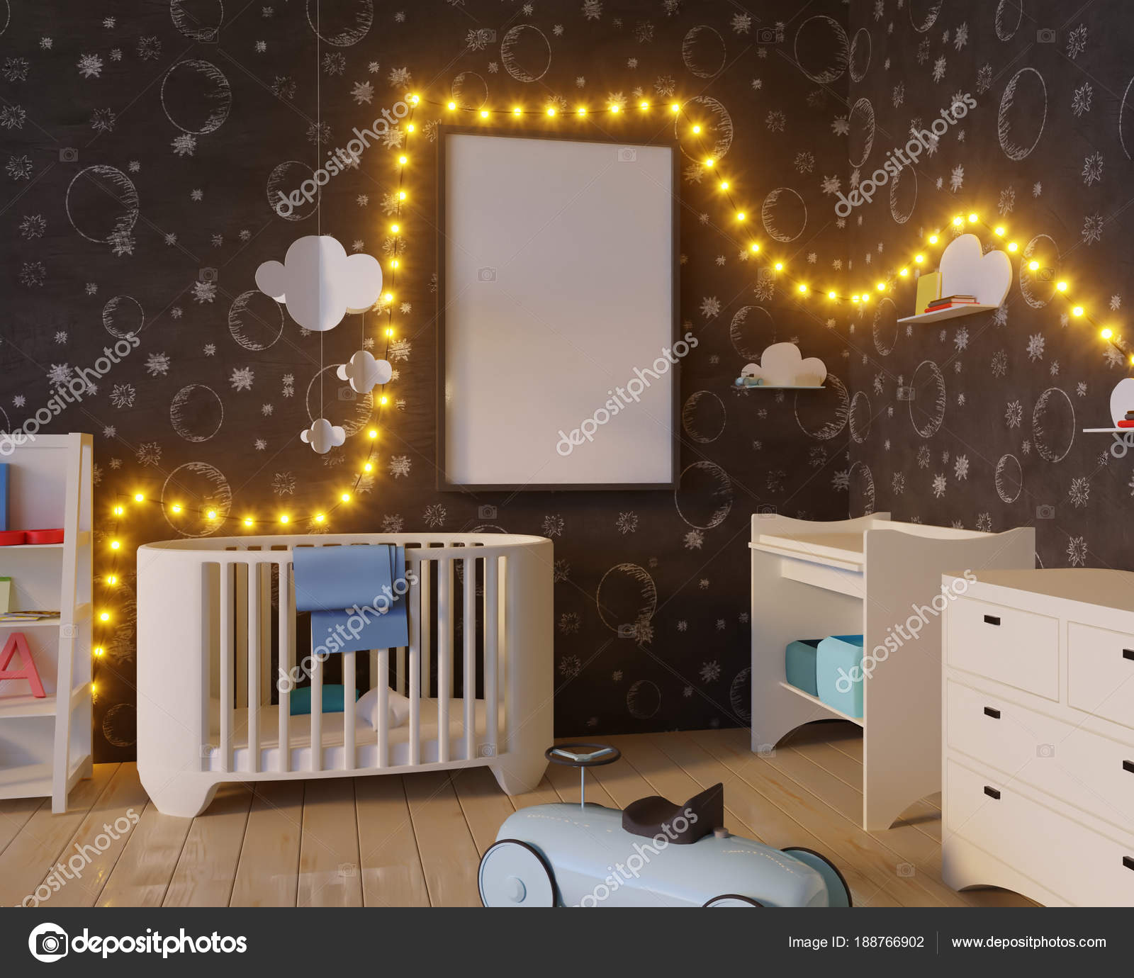 Mock Up Poster Children S Color Room With Light Bulbs 3d