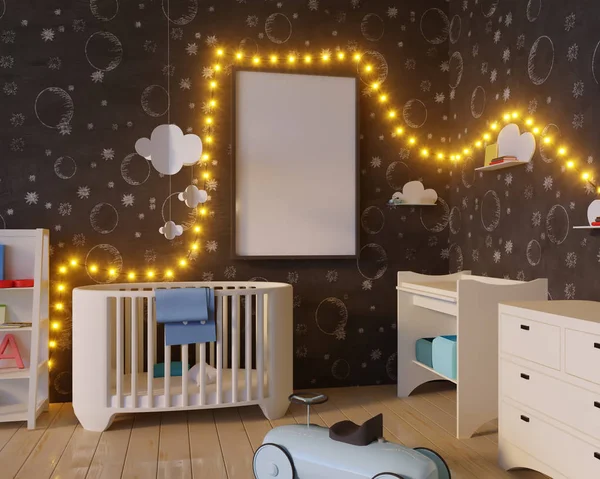 Preencha o quarto de cor de crianças de cartaz, com lâmpadas. ilustração 3d — Fotografia de Stock
