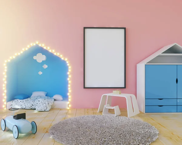 Χλευάσουμε επάνω αφίσα παιδικό δωμάτιο χρώμα, με λάμπες. 3D απεικόνιση — Φωτογραφία Αρχείου