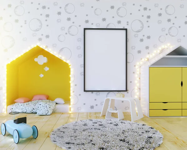 Χλευάσουμε επάνω αφίσα παιδικό δωμάτιο χρώμα, με λάμπες. 3D απεικόνιση — Φωτογραφία Αρχείου