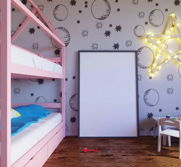 Maquette affiche chambre de couleur pour enfants, avec des ampoules. Illustration 3d — Photo