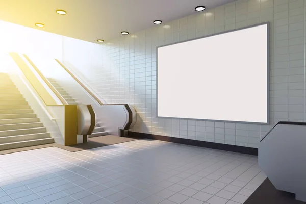 Preencha a exibição de anúncios de modelo de mídia de cartaz na escada rolante da estação de metrô. Renderização 3d — Fotografia de Stock