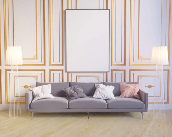 Affiche de mise en page avec chaise et tissu le plus branché minimalisme fond intérieur Illustration 3D — Photo