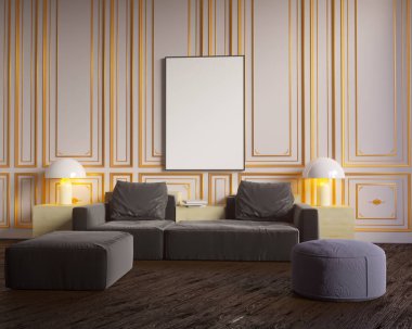 Düzen poster sandalye ve gözde kumaş minimalizm iç arka plan 3d çizim ile