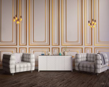 Düzen poster sandalye ve gözde kumaş minimalizm iç arka plan 3d çizim ile