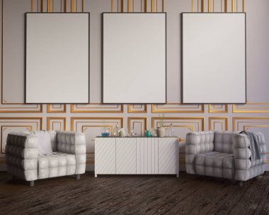 Düzen poster sandalye ve gözde kumaş minimalizm iç arka plan 3d çizim ile