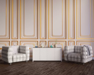 Düzen poster sandalye ve gözde kumaş minimalizm iç arka plan 3d çizim ile