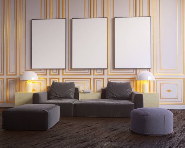 Düzen poster sandalye ve gözde kumaş minimalizm iç arka plan 3d çizim ile