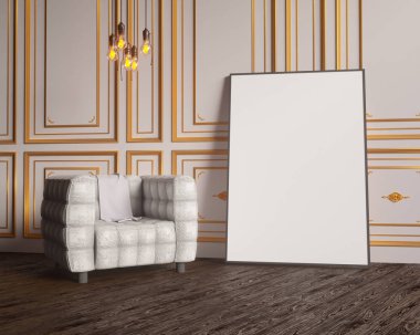 Düzen poster sandalye ve gözde kumaş minimalizm iç arka plan 3d çizim ile