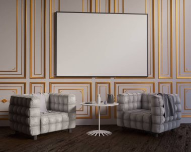 Düzen poster sandalye ve gözde kumaş minimalizm iç arka plan 3d çizim ile