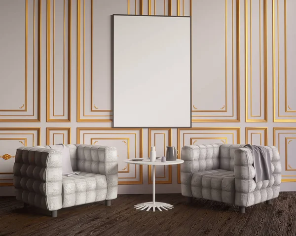 Düzen poster sandalye ve gözde kumaş minimalizm iç arka plan 3d çizim ile