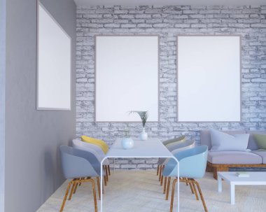 Konsept iç, sahte kadar poster duvara, 3d çizim render, işleme, retro, Oda, İskandinav, Parlatıcı, stüdyo, Stil, tablo,  