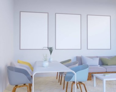 Konsept iç, sahte kadar poster duvara, 3d çizim render, işleme, retro, Oda, İskandinav, Parlatıcı, stüdyo, Stil, tablo,  