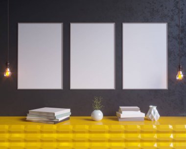 Konsept iç, sahte kadar poster duvara, 3d çizim render, işleme, retro, Oda, İskandinav, Parlatıcı, stüdyo, Stil, tablo,  