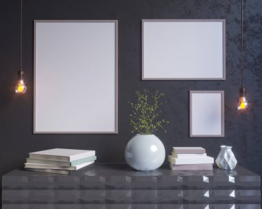Konsept iç, sahte kadar poster duvara, 3d çizim render, işleme, retro, Oda, İskandinav, Parlatıcı, stüdyo, Stil, tablo,  