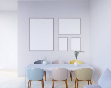 Konsept iç, sahte kadar poster duvara, 3d çizim render, işleme, retro, Oda, İskandinav, Parlatıcı, stüdyo, Stil, tablo,  