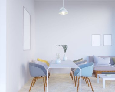 Konsept iç, sahte kadar poster duvara, 3d çizim render, işleme, retro, Oda, İskandinav, Parlatıcı, stüdyo, Stil, tablo,  