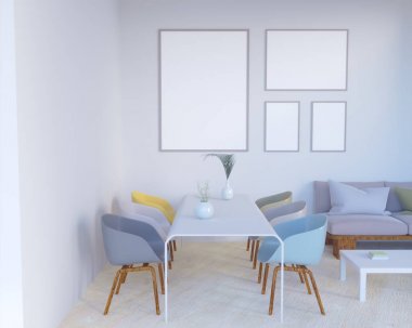 Konsept iç, sahte kadar poster duvara, 3d çizim render, işleme, retro, Oda, İskandinav, Parlatıcı, stüdyo, Stil, tablo,  