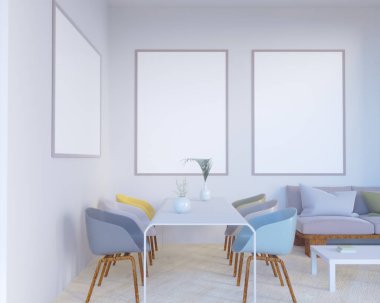 Konsept iç, sahte kadar poster duvara, 3d çizim render, işleme, retro, Oda, İskandinav, Parlatıcı, stüdyo, Stil, tablo,  