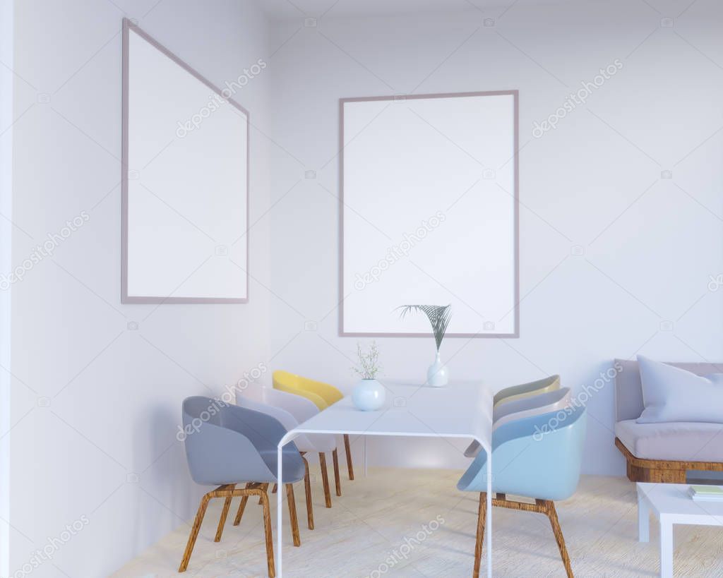 Concept interior, mock up poster on wall, 3d illustration render,  rendering,  retro,  room,  scandinavian,  shine,  studio,  style,  table,  