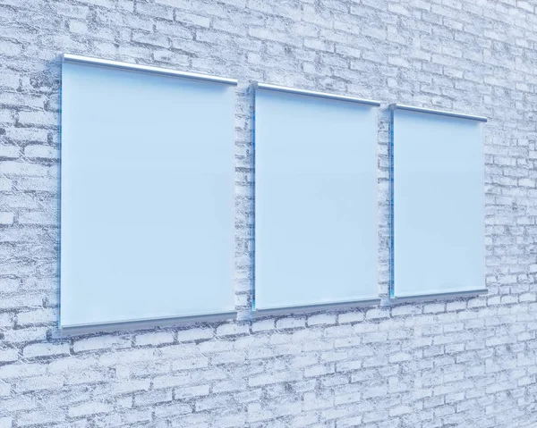Placa de sinalização transparente na parede de concreto, simular o estilo de ilustração 3d, símbolo, modelo, transparente, para cima, parede, branco — Fotografia de Stock