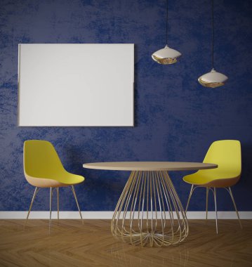 Poster çerçeve mockup. 3D illüstrasyon iş yeri, çalışma alanı, sarı  