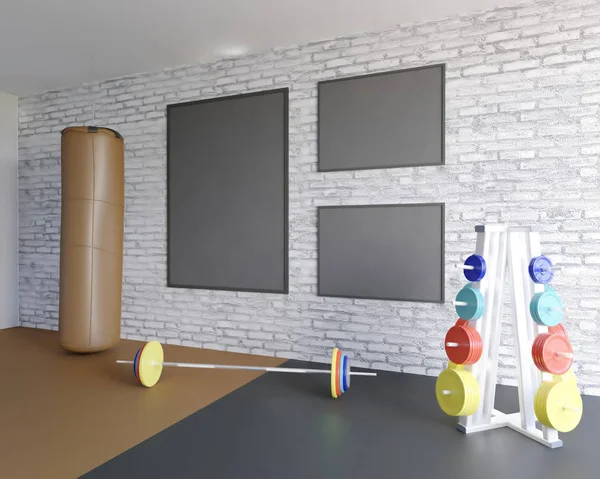 Makiety sceny, 3d ilustracja, sport, siłownia, fitness sport, magazynie, szablon, Dachówka, trener, góry, widok, ścienna, biały — Zdjęcie stockowe