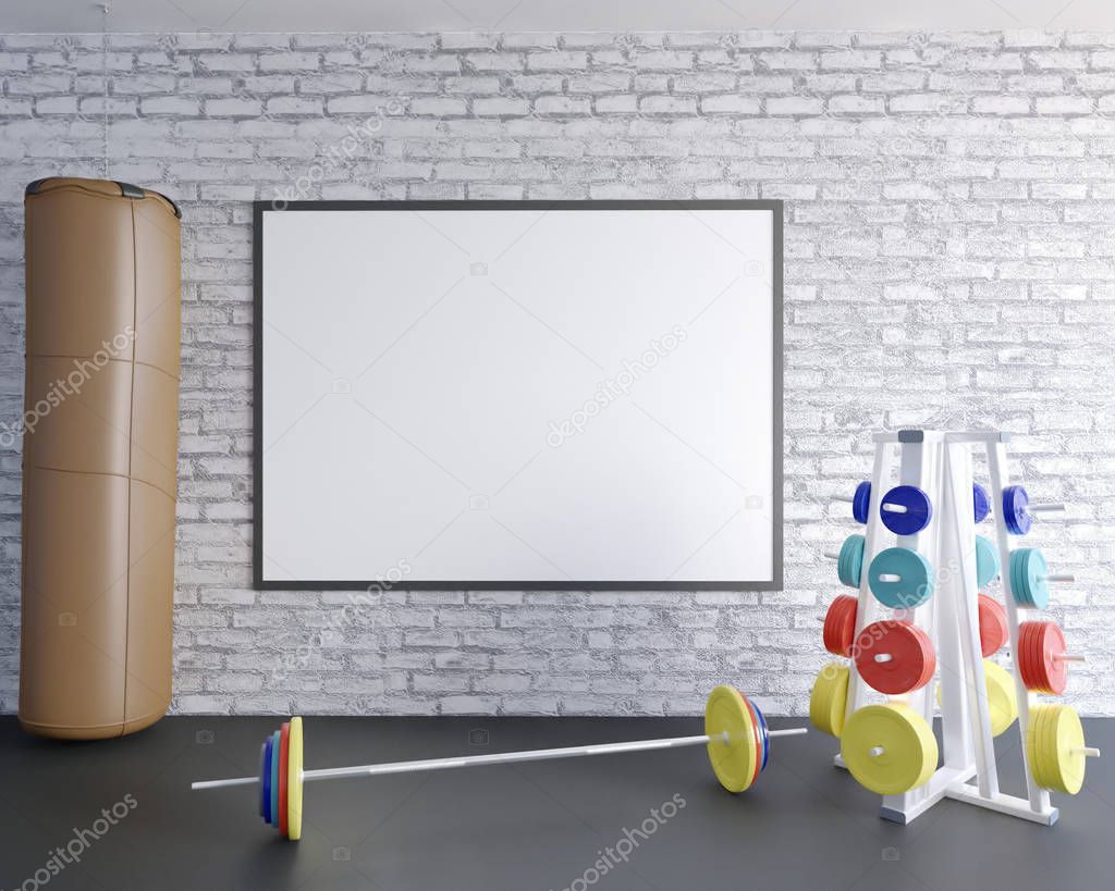 Mock up scene, 3d illustration , sport, gym, fitness  sport,  stock,  template,  tile,  trainer,  up,  view,  wall,  white