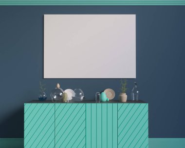 Poster ile mutfak eşyaları, minimalizm, iç mekan, arka plan, 3d render dolap üzerinde