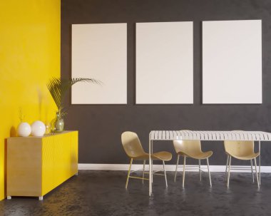 Mutfak eşyaları, minimalizm, İçişleri, arka plan, 3d render, 3d çizimler ile dolap üzerinde poster