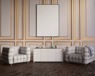 Düzen poster sandalye ve gözde kumaş minimalizm iç arka plan 3d çizim ile