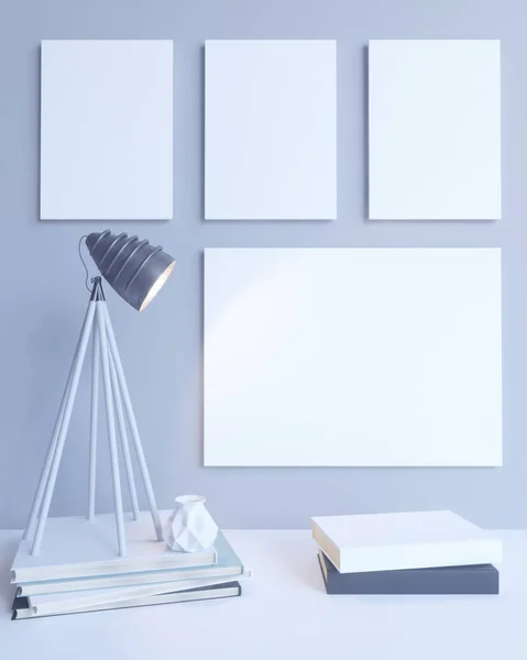 Interior, maqueta de póster en la pared, 3d illustration studio, estilo, mesa, plantilla, hasta, pared, blanco, madera — Foto de Stock