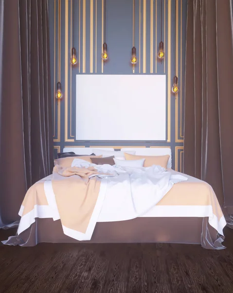 海报在床在卧室, 内部, 背景, 3d 渲染, 3d 例证 — 图库照片