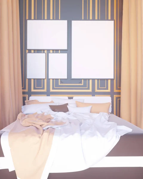 Póster sobre cama en dormitorio, interior, fondo, representación 3D, ilustración 3D —  Fotos de Stock