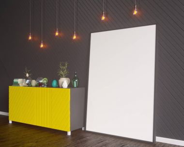 Mutfak eşyaları, minimalizm, İçişleri, arka plan, 3d render, 3d çizimler ile dolap üzerinde poster