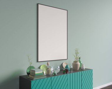 Mutfak eşyaları, minimalizm, İçişleri, arka plan, 3d render, 3d çizimler ile dolap üzerinde poster
