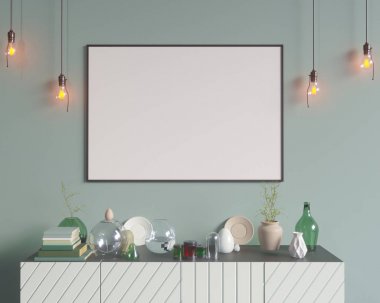 Mutfak eşyaları, minimalizm, İçişleri, arka plan, 3d render, 3d çizimler ile dolap üzerinde poster