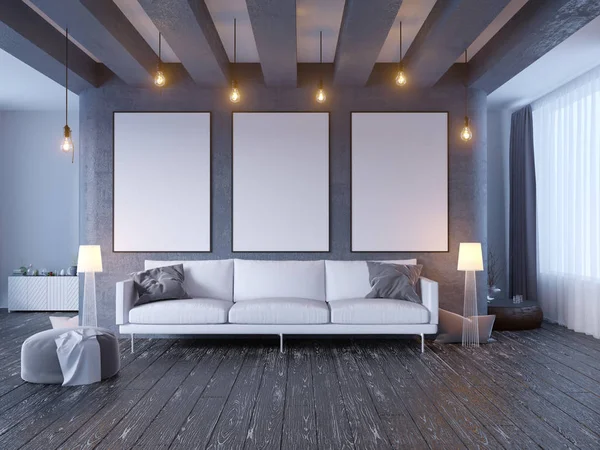 Pura-pura poster dengan kuno pastel hipster minimalisme latar belakang interior loft, 3D rendering, ilustrasi 3D — Stok Foto