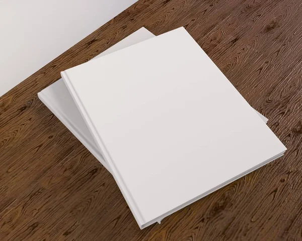 Κενό κατάλογο, περιοδικά, βιβλίο πλαστή στο ξύλο παρασκήνιο 3d απεικόνιση — Φωτογραφία Αρχείου