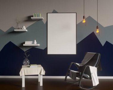 Düzen poster sandalye ve gözde kumaş minimalizm iç arka plan 3d çizim ile
