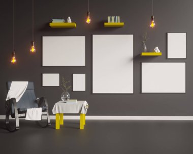 Düzen poster sandalye ve gözde kumaş minimalizm iç arka plan 3d çizim ile