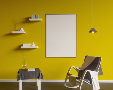 Düzen poster sandalye ve gözde kumaş minimalizm iç arka plan 3d çizim ile