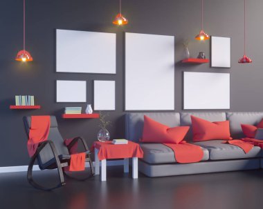 Düzen poster sandalye ve gözde kumaş minimalizm iç arka plan 3d çizim ile