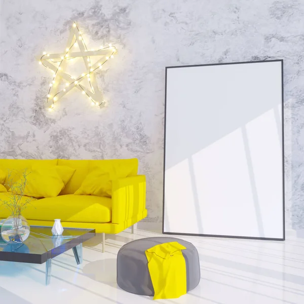 Cartel de diseño con silla y tela de moda minimalismo interior fondo 3D ilustración — Foto de Stock