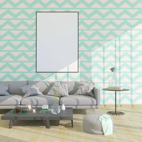 Düzen poster sandalye ve gözde kumaş minimalizm iç arka plan 3d çizim ile — Stok fotoğraf