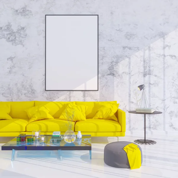 Rozložení plakát s židlí a nejmódnější tkaniny minimalismus interiérových pozadí 3d ilustrace — Stock fotografie